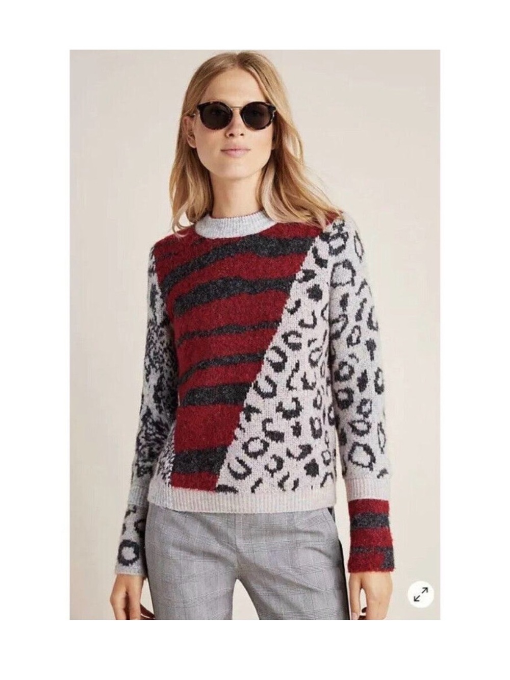 Anthropologie Moth Hadley Colorblock Mixed Print Crewneck Pullover Sweater